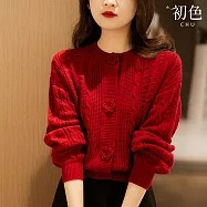 【初色】復古風純色緹花羊絨加厚單排扣圓領長袖燈籠袖針織開衫外套女外套-安哥拉紅色-11146(F可選) F 安哥拉紅色