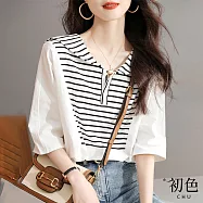 【初色】拼接條紋海軍翻領五分短袖POLO針織衫上衣女上衣-白色-11120(F可選) F 白色