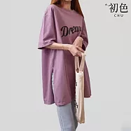 【初色】休閒風前後印花寬鬆開衩圓領五分袖T恤上衣女上衣-共3色-11219(F可選) F 紫色