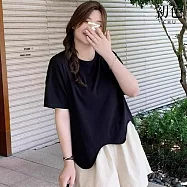 【初色】簡約純色不規則下擺圓領短袖T恤上衣女上衣-共2色-11223(M-4XL可選) M 黑色