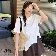 【初色】簡約純色不規則下擺圓領短袖T恤上衣女上衣-共2色-11223(M-4XL可選) M 白色