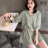 【初色】休閒風V領開衫連帽長袖上衣+寬鬆鬆緊腰褲裙兩件式套裝-共3色-11227(M-3XL可選) M 綠色