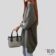 【初色】簡約純色貼標圓領短袖中大尺碼寬鬆中長T恤上衣女上衣-共4色-33444(F可選) F 綠色