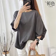 【初色】休閒寬鬆遮肉顯瘦純色圓領長袖七分袖扭結袖T恤上衣女上衣-共5色-11212(F可選) F 深灰色