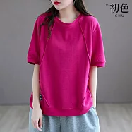 【初色】純色休閒寬鬆顯瘦大碼圓領五分袖打底上衣T恤上衣女上衣-共6色-39457(M-4XL可選) M 桃紅色