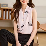 【MsMore】 V領套頭重磅真絲印花無袖高端氣質大碼背心短版上衣# 124692 M 粉紅色