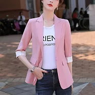 【MsMore】 薄款短款小西裝五分短袖外套韓版歐貨氣質休閒百搭垂感# 124759 XL 粉紅色