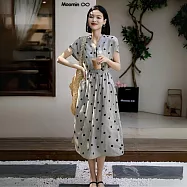 【Jilli~ko】法式文藝風高級感棉麻波點連衣裙 L-XL 905 L 灰色