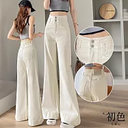 【初色】韓系純色高腰顯瘦微喇叭闊腿牛仔褲休閒褲寬褲長褲-米白色-11084(M-2XL可選) L 米白色