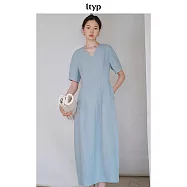 ltyp旅途原品 法國進口100%亞麻花苞連衣裙 文藝V領淡人長裙女 M L XL L 天空藍