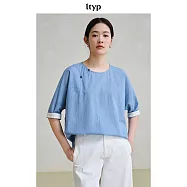 ltyp旅途原品 進口竹節棉新中式小衫 文藝休閒五分袖襯衣女 M L L 冰川藍