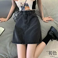 【初色】高腰休閒復古包臀顯瘦A字半身牛仔短裙-共5色-11195(M-2XL可選) M 黑灰色
