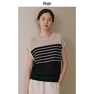 ltyp旅途原品 亞麻棉針織條紋衫 休閒鏤空無袖清涼T恤上衣女 M L M 杏底黑條