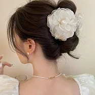 【JENG】法式甜美氛圍感珍珠網紗大花朵鯊魚夾(69020) _白色