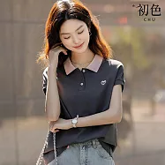 【初色】撞色拼接POLO領迷你愛心印花簡約POLO衫休閒上衣女上衣-深灰色-11489(M-2XL可選) M 深灰色