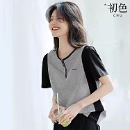 【初色】休閒正肩顯瘦撞色拼接拉鍊半門襟圓領短袖T恤上衣女上衣-灰拼黑-11510(M-3XL可選) L 灰拼黑