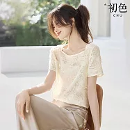 【初色】純色肌理感流蘇方領短袖T恤上衣女上衣-米白色-11494(M-3XL可選) L 米白色