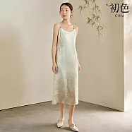 【初色】度假風新中式氣質提花弧領無袖琉璃珠吊帶中長裙連衣裙連身洋裝-白色-11474(M-2XL可選) M 白色