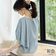 【初色】純色休閒肌理感寬鬆顯瘦圓領蝙蝠袖短袖T恤上衣女上衣-共2色-11536(M-2XL可選) M 灰藍色