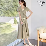 【初色】撞色拼接假兩件休閒V領圓領短袖T恤+鬆緊腰寬鬆半身裙長裙套裝-綠色-11626(M-2XL可選) M 綠色