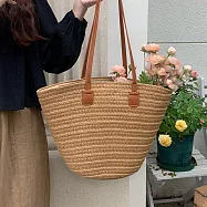 【MISUÉ】大容量草編沙灘包/度假編織水桶包/托特包/媽媽包 -卡其色