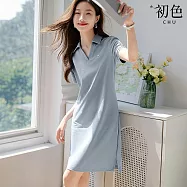 【初色】休閒純色簡約百搭透氣翻領短袖連衣裙連身洋裝長洋裝-共3色-34820(M-2XL可選) M 藍色