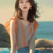 【初色】法式氣質撞色條紋圓領無袖小飛袖荷葉邊襯衫上衣女上衣-綠橘條紋-11444(M-XL可選) M 綠橘條紋