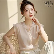 【初色】法式純色單排扣圓領荷葉邊領無袖休閒背心襯衫上衣女上衣-杏色-11446(M-XL可選) M 杏色