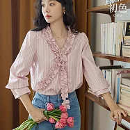 【初色】法式復古氣質條紋拼接袖扣V領木耳邊長袖襯衫上衣女上衣-粉色-11514(M-2XL可選) XL 粉色