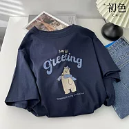 【初色】童趣風圍巾小熊字母印花圓領短袖T恤上衣女上衣-共4色-11358(F可選) F 寶藍色