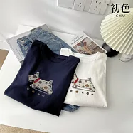 【初色】甜美小狗印花裝飾串珠減齡顯瘦圓領短袖上衣女上衣-共2色-11360(F可選) F 寶藍色