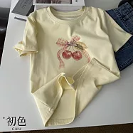 【初色】甜美風正肩蝴蝶結櫻桃印花圓領短袖T恤上衣女上衣-共5色-11361(F可選) F 淡黃色