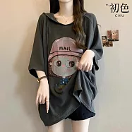 【初色】童趣女孩印花大碼寬鬆顯瘦連帽正肩短袖帽T上衣女上衣-共3色-11374(M-4XL可選) 2XL 灰色