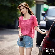 【初色】法式方領荷葉邊短袖格紋襯衫上衣女上衣-玫紅色-11692(M-2XL可選) 2XL 玫紅色