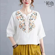 【初色】棉麻風復古繡花寬鬆小V領五分袖T恤上衣女上衣-共4色-11387(M-4XL可選) M 白色
