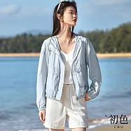 【初色】純色簡約工裝風長袖透氣遮陽防曬連帽外套女外套-共2色-11671(M-2XL可選) XL 淺藍色