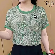 【初色】休閒減齡顯瘦拼接撞色植物花卉印花圓領短袖打底T恤上衣女上衣-共3色-11388(M-4XL可選) 3XL 綠色
