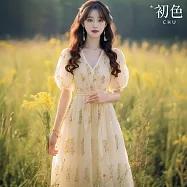 【初色】法式甜美森林系碎花印花綁繩V領短袖泡泡袖A字裙中長裙連衣裙連身洋裝-花色-11705(M-XL可選) M 花色