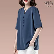 【初色】純色簡約排扣裝飾V領開襟五分袖T恤中大尺碼寬鬆上衣女上衣-共2色-11418(XL-4XL可選) XL 藍色
