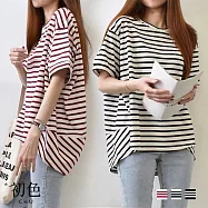 【初色】簡約風條紋寬鬆不規則剪裁落肩短袖圓領T恤上衣女上衣-共3色-11398(F可選) F 黑色