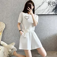 【初色】運動風休閒圓領短袖T恤上衣女上衣+純色鬆緊腰口袋休閒褲寬褲短褲套裝-共2色-11401(M-2XL可選) M 白色