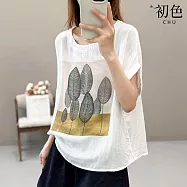 【初色】文藝民族風大碼寬鬆薄款純色山水畫印花圓領短袖T恤上衣女上衣-共2款-11874(M-2XL可選) XL 葉子