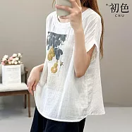 【初色】文藝民族風大碼寬鬆薄款純色山水畫印花圓領短袖T恤上衣女上衣-共2款-11874(M-2XL可選) M 葫蘆