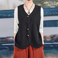 【初色】文藝復古棉麻中式盤扣寬鬆透氣無袖馬甲背心外套女外套-共2色-11875(M-2XL可選) L 黑色