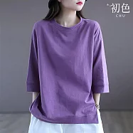 【初色】純色棉麻風寬鬆顯瘦圓領七分長袖T恤上衣女上衣-共3色-11413(M-2XL可選) M 紫色
