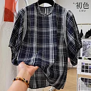 【初色】韓系減齡格紋拼接蕾絲圓領短袖小衫襯衫上衣女上衣-藏青格-11852(M-2XL可選) M 藏青格
