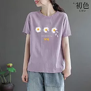 【初色】簡約寬鬆圓領花朵蝴蝶印花短袖T恤寬鬆中大尺碼上衣女上衣-共7色-11414(M-4XL可選) M 紫色