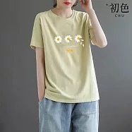 【初色】簡約寬鬆圓領花朵蝴蝶印花短袖T恤寬鬆中大尺碼上衣女上衣-共7色-11414(M-4XL可選) XL 黃色