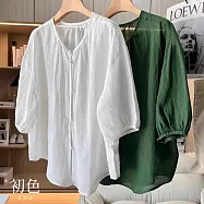 【初色】棉麻復古風純色圓領盤釦五分袖上衣女上衣-共2色-11839(M-2XL可選) XL 白色
