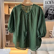 【初色】棉麻復古風純色圓領盤釦五分袖上衣女上衣-共2色-11839(M-2XL可選) L 綠色